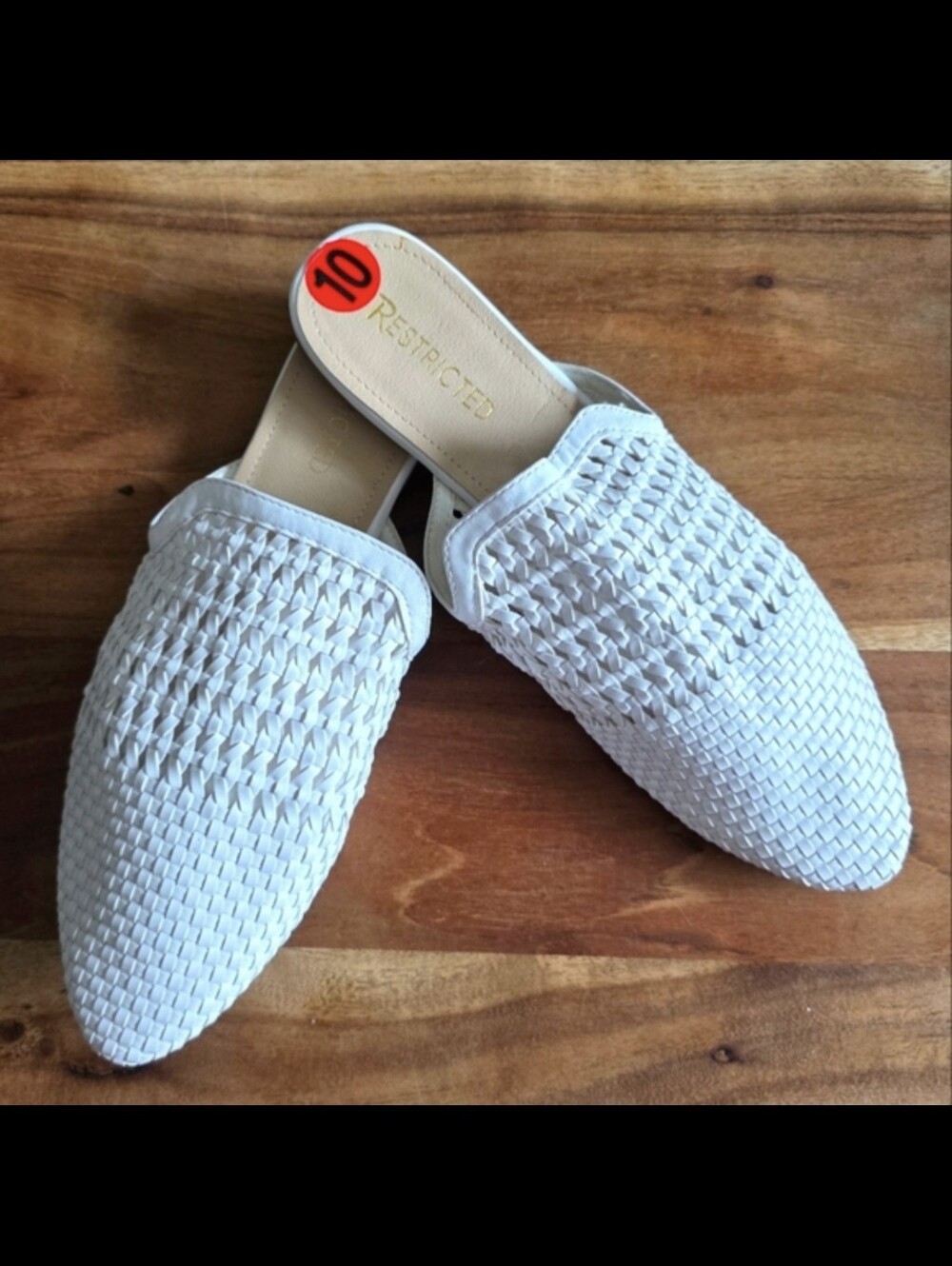 Restricted White Woven Slip-On Mules Sandals, Size 10